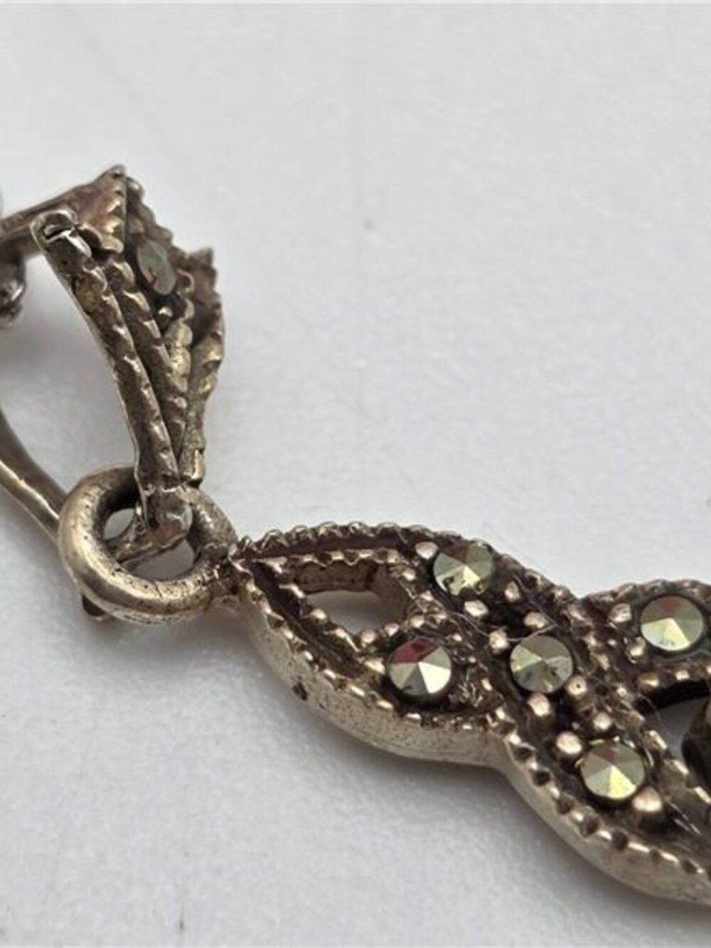 925 Sterling Silver Onyx Marcasite Pendant Necklace 18.5" 27mm Vintage - Picture 5 of 10